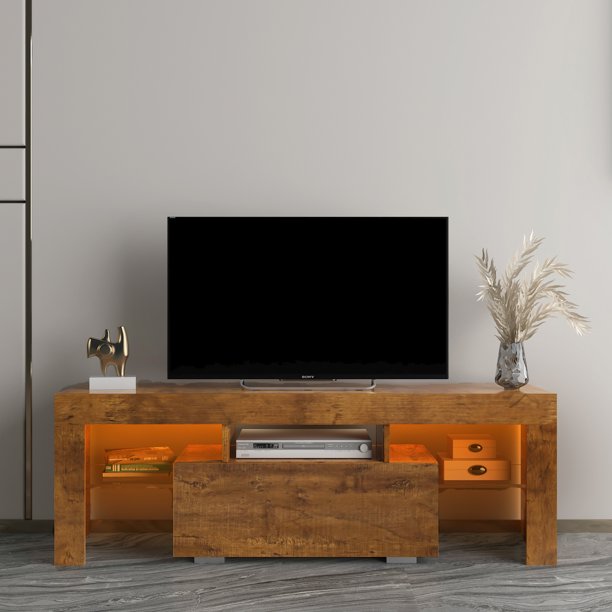 TV Stand with LED Lights, 1 Drawer and Open Shelves High Gloss Entertainment Center Media Console Table Storage Desk for Up to 60 Inch TV, Light Walnut