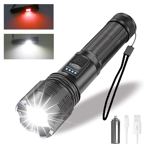 Rechargeable Flashlight, 90000 High Lumens & 6 Modes Tactical Flashlight, Super Bright Zoom Torch Small Flashlight, Red Light Warning for Emergency Camping Hiking Outdoor Sport