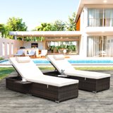 Lounge Chairs for Outside, 2 Pieces Patio Outdoor PE Wicker Chaise Lounge Beach Pool Adjustable Backrest Recliners with Side Table and Comfort Head Pillow