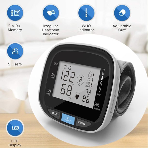 Wrist Blood Pressure Monitor, Large Blood Pressure Machine LCD Display, Fully Accurate Automatic Digital BP Machine For Home Use Irregular Heartbeat And Hypertension Detector, J01