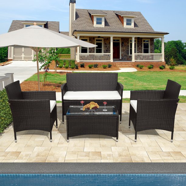 4 Piece Rattan Sofa Seating Group, Outdoor Ratten sofa, Patio Furniture Set Cushioned Sofa Chair Coffee Table Garden