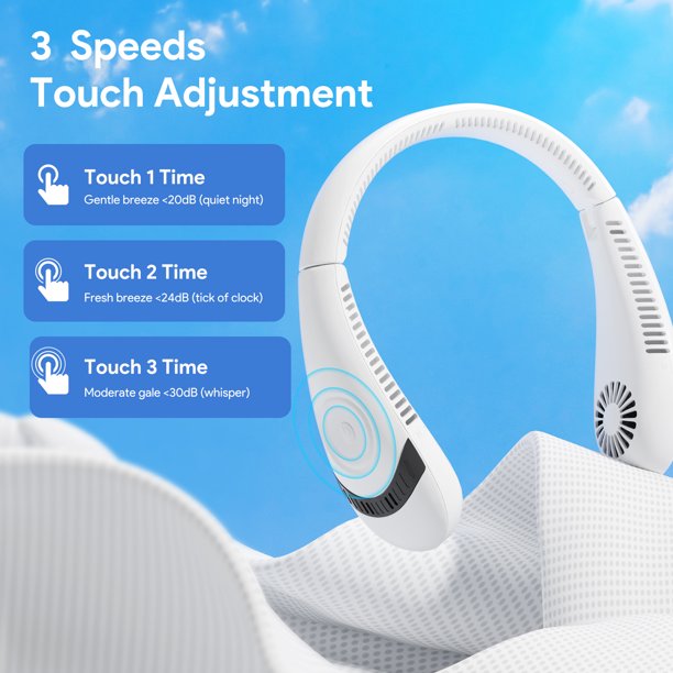 Foldable Portable Neck Fan, Hands Free 5000 mAh Rechargeable Mini USB Personal Fan, 3 Speeds Hanging Neck Fan for Outdoor Sports Travel (White)