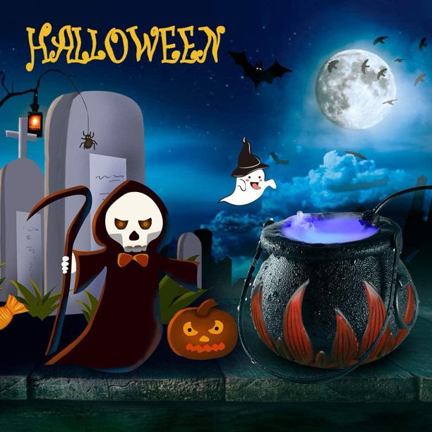 Halloween Witches Cauldron, Witch Pot Candy Holder Mist Maker Fogger with 12 Changing LED Light