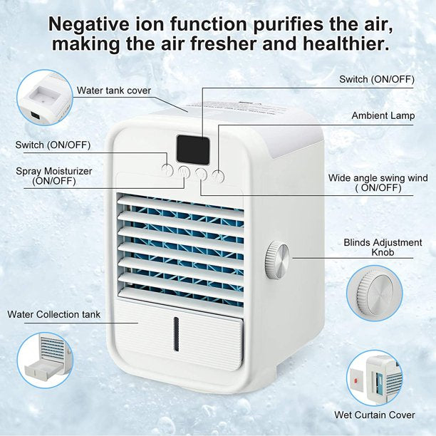 Air Conditioner Portable, Mini Portable Air Conditioner Quiet Desk Fan With Handle, Humidifier Misting Fan, Small Air Conditioner 3 Speeds AND LED Light, Evaporative Cooler For Home, Office, Room, J01