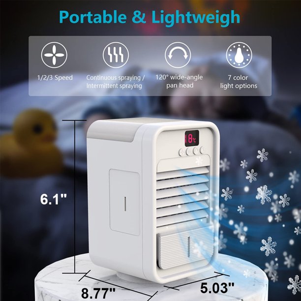 Portable Air CoolerMini Portable Air Conditioner Fan Evaporative Air Humidifier withMini Air Cooler with 350ml Water Tank7 Lights for Home Office Bedroom