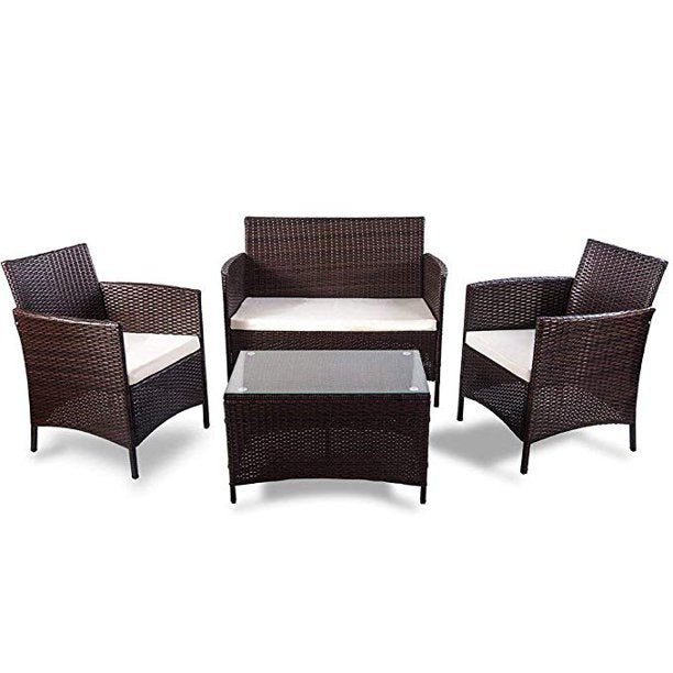 4 Piece Rattan Sofa Seating Group, Outdoor Ratten sofa, Patio Furniture Set Cushioned Sofa Chair Coffee Table Garden