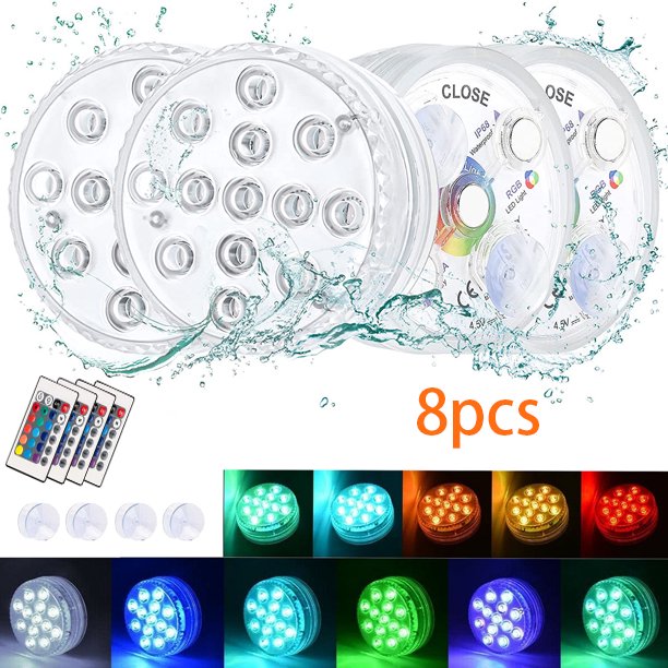 Submersible Led Pool Lights, 16 Colors Underwater Pond Lights with Remote, Waterproof Magnetic Bathtub Light with Suction Cup Hot Tub Light for Pond Fountain Aquariums Vase Garden Party 8 Pack