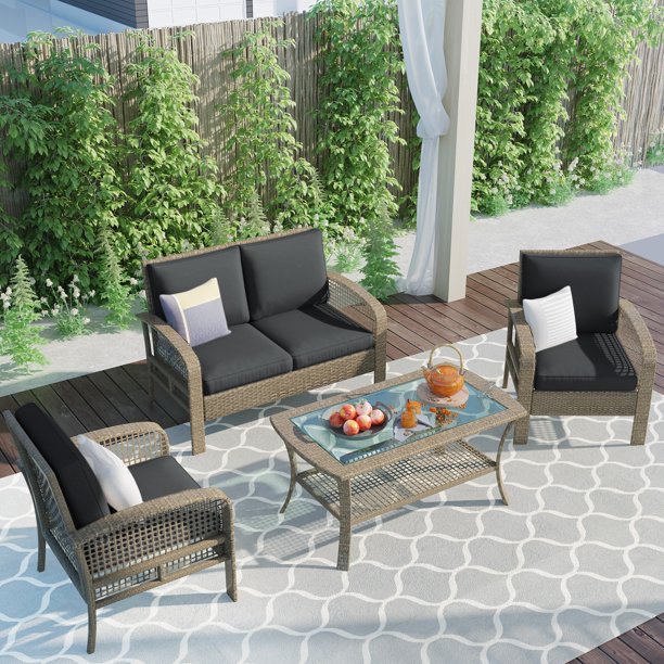 Vinmall Patio Furniture Set, 4 Pieces Outdoor Patio Rattan Furniture Set Table Shelf Sofa ，Rattan Sofa Seating Group with Gray Cushions