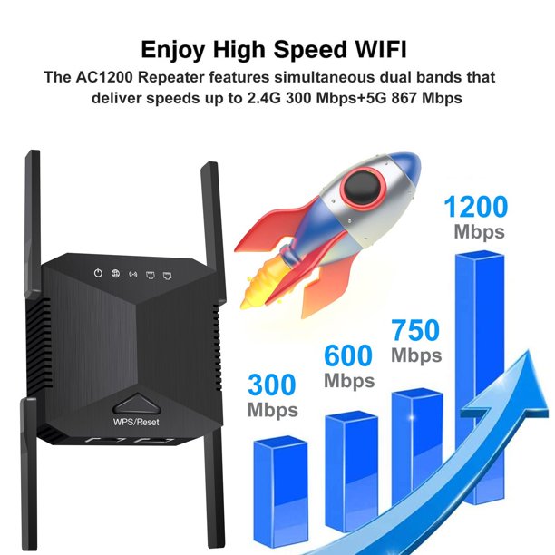 WiFi Range Extender, 1200 Mbps Signal Booster for Home, 4 Antennas Dual Band Repeater, Supports Ethernet Port, Black