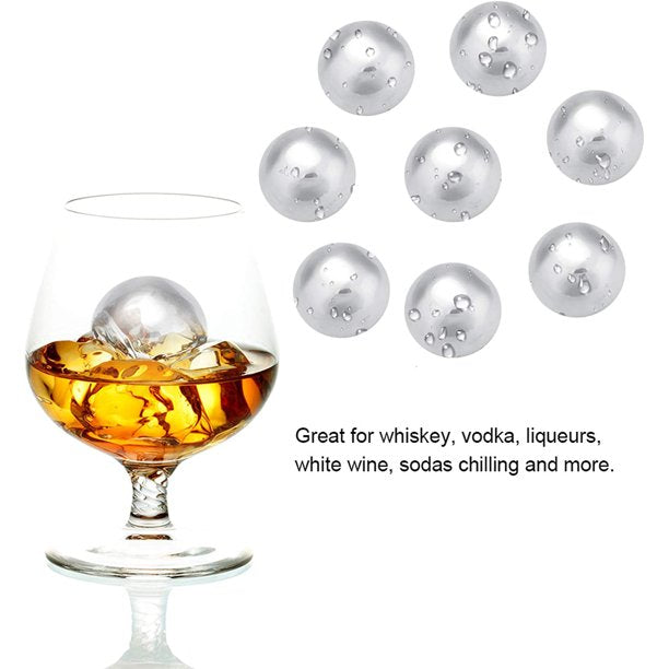 Whiskey Stones Set of 8 Stainless Steel Ice Balls, Bar Accessories, Birthday Ideas for Him Boyfriend Husband, Unique, Reusable Ice Cubes, Cool Stuff for Dad