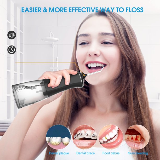 Water Flosser for Teeth, Dental Oral Irrigator 300ml with 360° Rotation Cordless Irrigator 3 Electric Flossing Modes IPX7 Waterproof 4 Jet Tips Water Pick Teeth Cleaner USB Charge for Home & Travel