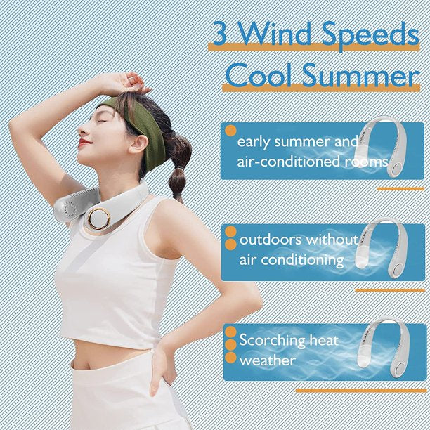 Folding Personal Neck Fan, Portable 3000 mAh Hands Free Bladeless Mini Fans with 3 Speeds, Cooling Air Outlet Free Adjustment Wearable mini Neck Fan Suitable for Traveling, Sports and Office, White