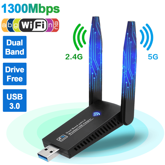 Doosl USB Wifi Adapter Drive Free, 1300Mbps 2.4G/5G 802.11AC Dual Band Wi-Fi Dongle, USB 3.0 Wireless Network Adapter with Antennas for Desktop PC Laptop Compatible for Windows 11/10/8/7/XP