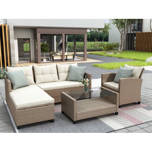 Patio Furniture Set,All-Weather Rattan Patio Conversation Set with with a 2 Seater Sofa, Lounge Sofa, Coffee Table and Sofa Chair-Beige