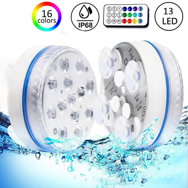 Submersible Pool LED Lights,IP68 Waterproof Underwater Pool Led Lights with 13 LEDs,Remote RF,Magnets,Suction Cups,Colors Changing Pond Lights Battery Power 2-Pack