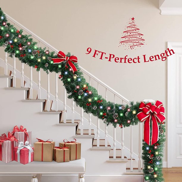 Vinmall Pre-lit Christmas Garland with LED Lights, Pinecones and Red Berries, 9 ft Lenth, 10 inch Width, 2pcs