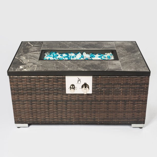 32" X 20" Propane Fire Pit Table, 50,000 BTU Rattan Gas Fire Table with Tile Tabletop for Outdoor Patio and Garden, Brown