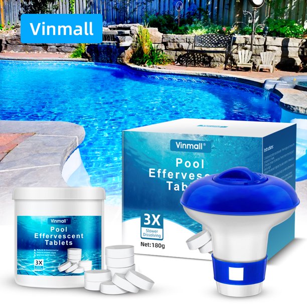 Vinmall 180Pcs TabletsChlorine Tablet for Pool with Floating Chlorine Dispenser