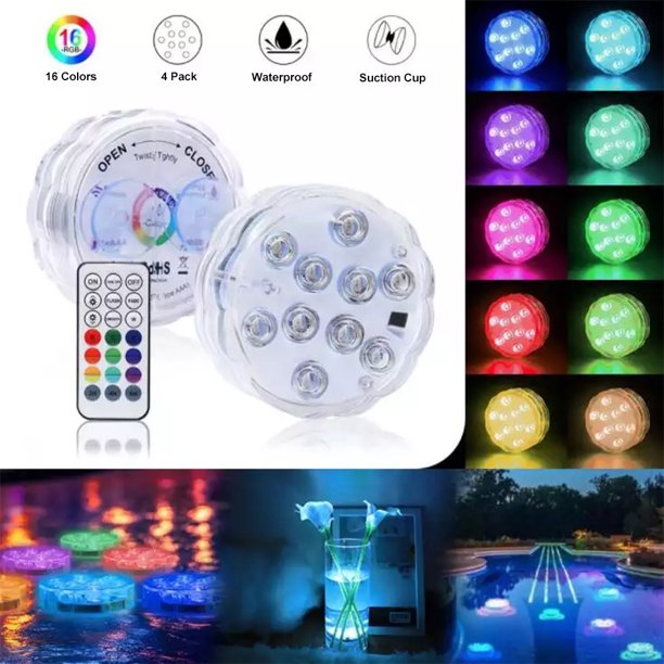 Submersible LED Lights with Remote, Waterproof Underwater Lights Battery Operated 16 Color Changing Lamp with Suction Cups Magnets for Pool Pond Aquarium Bathtub Shower Decoration(4 Pack)