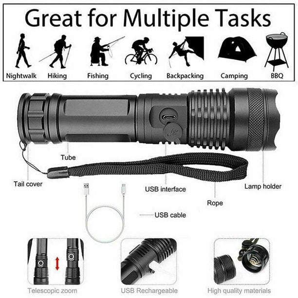 Rechargeable Flashlight, Super Bright, Waterproof, 5 Modes, Battery Included