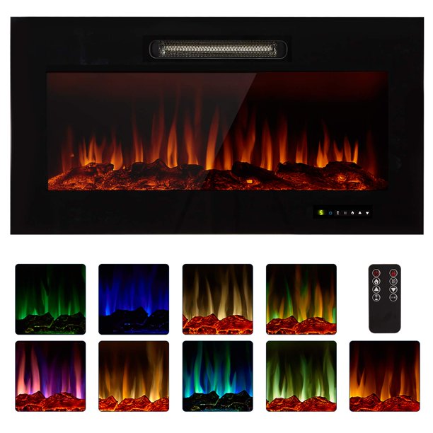 Vinmall 36'' Wall Mounted Recessed Electric Fireplace with Realistic 9 Color Flame, 1500/750 Watt Heater, Log & Crystal Hearth Options, Black