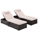 Lounge Chairs for Outside, 2 Pieces Patio Outdoor PE Wicker Chaise Lounge Beach Pool Adjustable Backrest Recliners with Side Table and Comfort Head Pillow