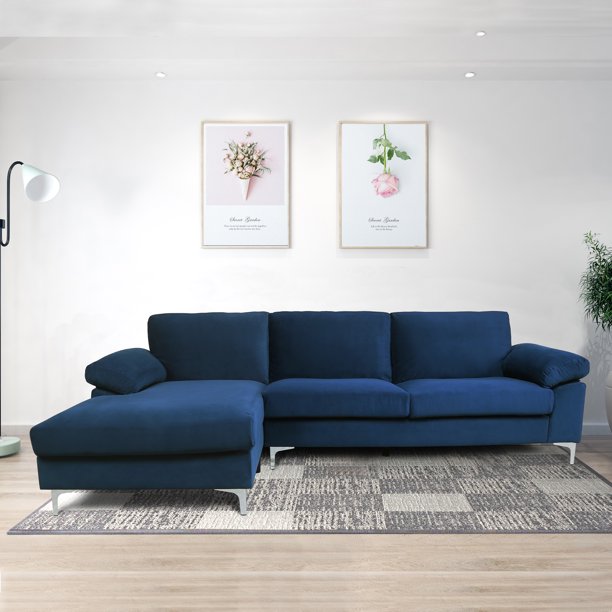 Vinmall 103.5'' Velvet Wide Sectional Sofa Left Hand Facing Sofa & Chaise ，Blue