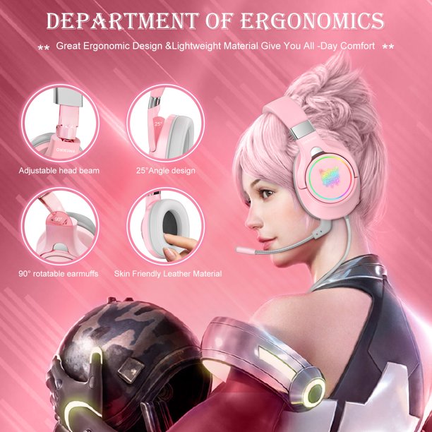 ONIKUMA Pink Gaming Headset, 3D Stereo Surround Sound RGB Folding Over-ear Gaming Headphones with Detachable 360¡ã Noise Cancelling Mic for PC Laptop PS4 Xbox One Nintendo Switch