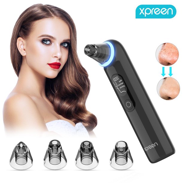 Blackhead Remover Vacuum, 2021 Upgrade Xpreen Pore Vacuum, Scrub Extractor Tool, Blackhead Removal Suction Kit with Blue Light, Rechargeable, LED Display for Women Men Face Nose Acne Comedone, Black