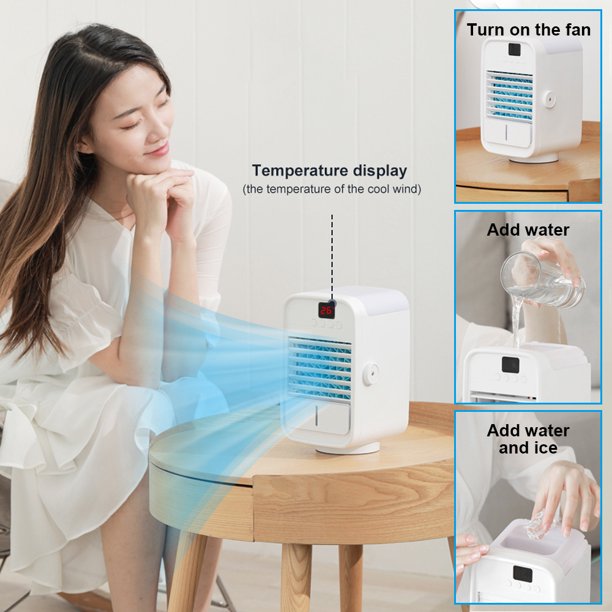 Portable Air Cooler, USB Rechargeable Mini Air Conditioner Fan,3 in 1 Personal Noiseless Evaporative Cooler with 7 Colors 3 Different Speeds for Car Office Household Home, Bedroom,Travel, Camping