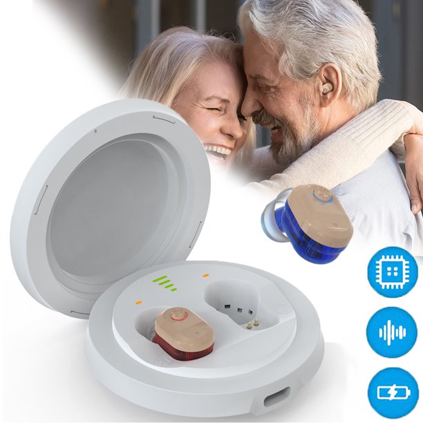 Hearing Aids for Ears Rechargeable with Portable Charging Case, Mini Invisible Rechargeable Hearing Amplifiers for Seniors, Noise Cancelling, 1 Pair