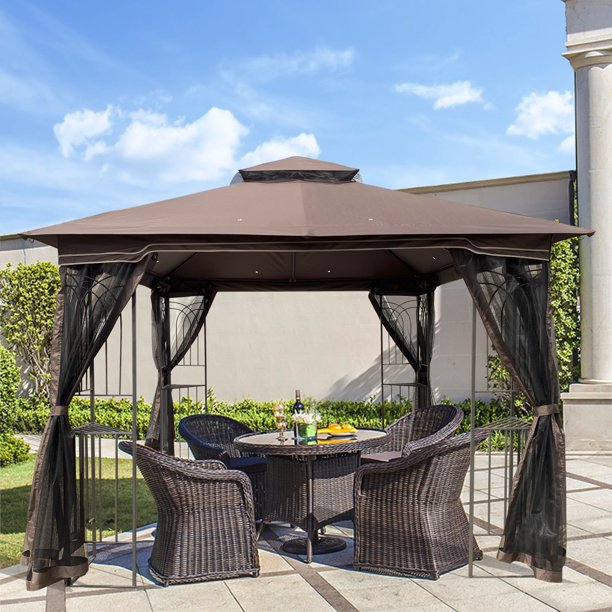 10'x10' Outdoor Patio Gazebo Canopy Tent With Ventilated Double Roof And Mosquito net, Detachable Mesh Screen On All Sides, for Lawn, Garden, Backyard and Deck, Brown