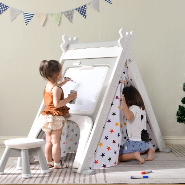 Kids Play Tent - 4 in 1 Teepee Tent with Stool and Climber, Foldable Playhouse Tent for Boys & Girls, Grey