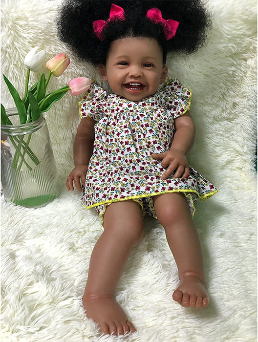 24 Inch Reborn Doll, 2022 Latest Lifelike Newborn Baby Doll, Black Skin Handmade Body Real Looking Doll Birthday Christmas Children Gift for Age 3+