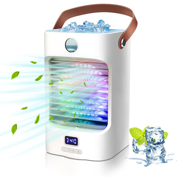 Evaporative Air Cooler, 120°Oscillation Swamp Cooler, 3 Speed Cooling Fan & Portable Humidifier, with Handle 7 Colors LED Atmosphere Light for Room, Office, Bedroom,Camping