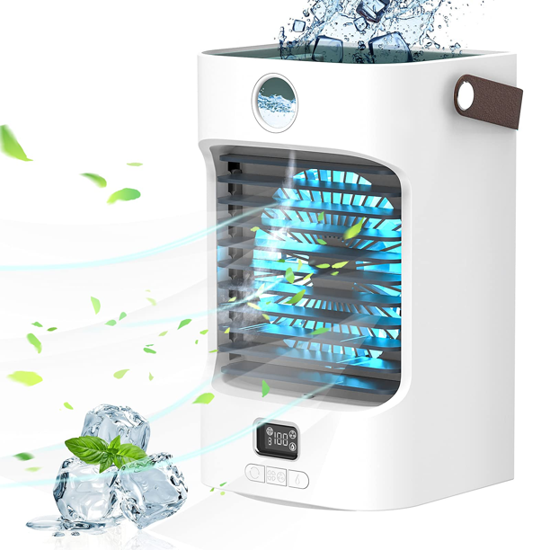 Portable Air Conditioner Fan, Evaporative Air Cooler 120°Auto Oscillation Rechargeable 3 Wind Speeds 7 Colors Night Light Air Cooler Mist Humidifier with Handle for Office/Room/Dorm/Outdoor