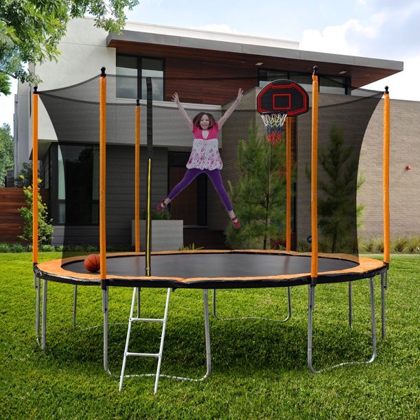 Vinmall 12FT Trampoline with Basketball Hoop Inflator and Ladder(Inner Safety Enclosure) Orange