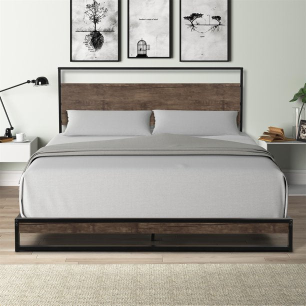 Vinmall Queen Size Metal Platform Bed frame with Wood Slats ,Gray