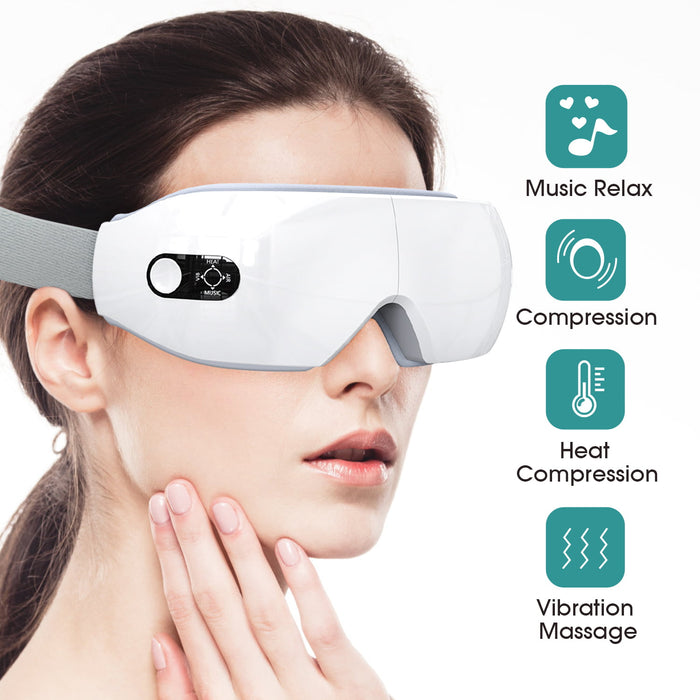 iFanze Eye Massager for Migraines with Heat, Vibration, Remote Control, Bluetooth, Rechargeable Eye Temple Massager for Relax Eye Strain, Reduce Dark Circles Eye Bags Dry Eyes Improve Sleep ,White