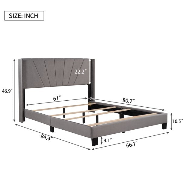 Upholstered Platform Bed, Velvet, Box Spring Needed, with Wood Slats Support, for Bedroom, Gray