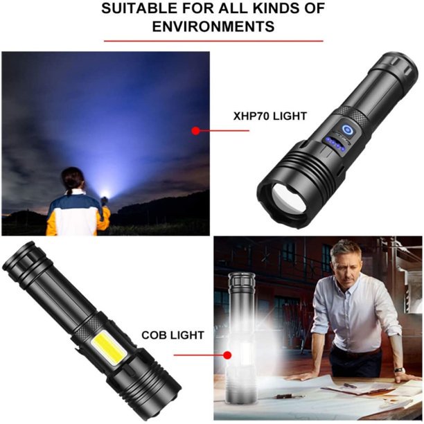 90000 Lumens Powerful Flashlight, USB Rechargeable Waterproof XHP70 Searchlight Super Bright LED Flashlight Zoom Bar Torch for Hiking Hunting Camping Outdoor Sport (Battery Included)