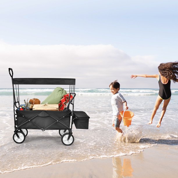 Vinmall Heavy Duty Folding Portable Hand Cart with Removable Canopy, 8'' Wheels, Adjustable Handles and Double Fabric for Shopping, Picnic, Beach, Camping