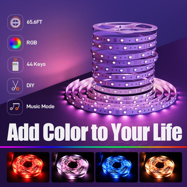 LED Strip Lights, 65.6ft/20m RGB Stripe Lights with 44-Key Remote Control, Color Changing LED Rope Light for Bedroom, Music Sync Color Changing Lights for Room Party