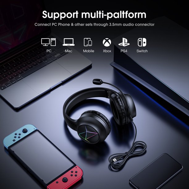 Gaming Headset for PC- Surround Sound Headphones with Noise Cancelling Microphone- Memory Foam Ear Pads RGB Lights for Laptops PS4 Xbox One Nintendo Switch PC PS3 Mac