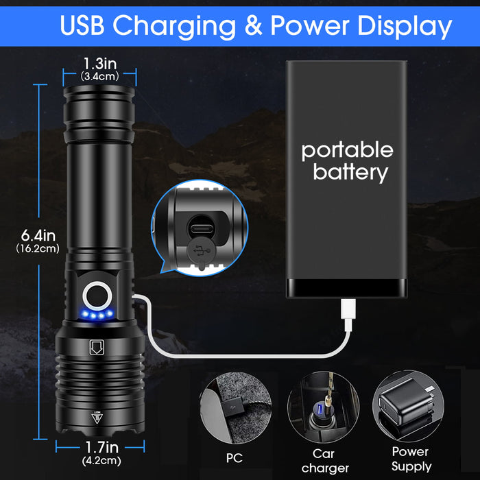 90000 Lumens Powerful Flashlight , Rechargeable Waterproof Searchlight, USB Zoom Torch Super Bright Tactical LED Flashlight for Emergencies, Camping, Hiking Hunting