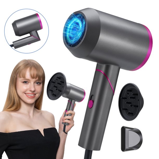 Professional Hair Dryer, 2000W Blow Dryer, with Negative Ion Technology, Cold/Heat Settings, Contains 1 Nozzle and 1 Diffuser, Foldable Handle, Low Noise for Home Salon Travel Pregnant Kids