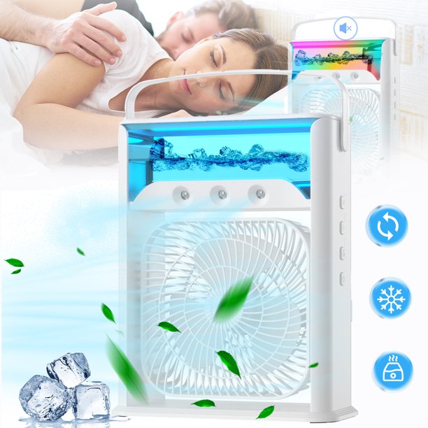 JoRocks Portable Air Conditioner Fan, 3 in 1 Updated 680ML Water Tank Cooling Fan Personal Air Cooler, 7 Color LED Light, 3 Sprays, 3 Wind Speeds Modes for Office Home , White