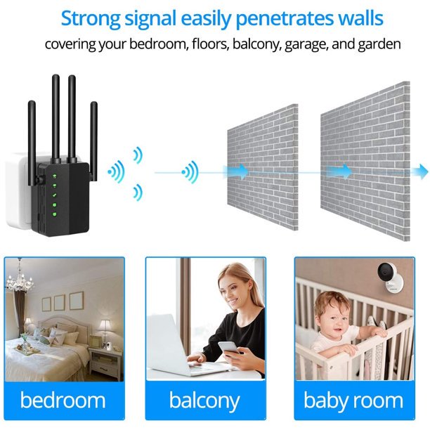 WiFi Range Extender, 1200Mbps Signal Booster Repeater Cover up to 2500 sq.ft, 2.4 & 5GHz Dual Band WiFi Extender, 4 Antennas 360° Full Coverage Wireless Internet Amplifier