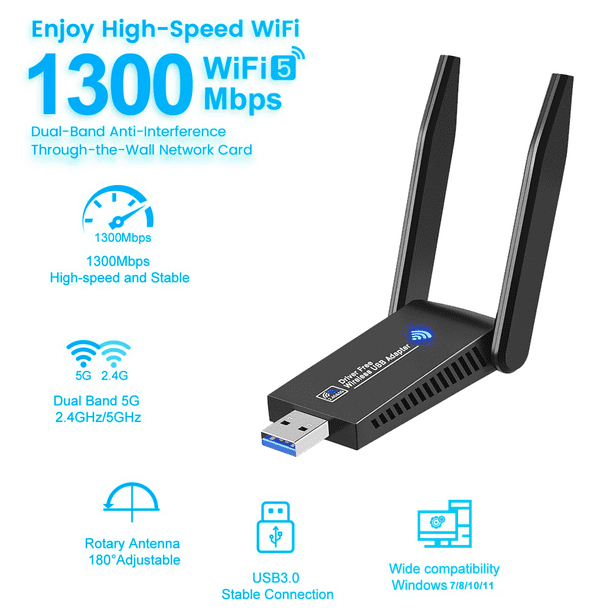 Doosl USB Wifi Adapter Drive Free, 1300Mbps 2.4G/5G 802.11AC Dual Band Wi-Fi Dongle, USB 3.0 Wireless Network Adapter with Antennas for Desktop PC Laptop Compatible for Windows 11/10/8/7/XP