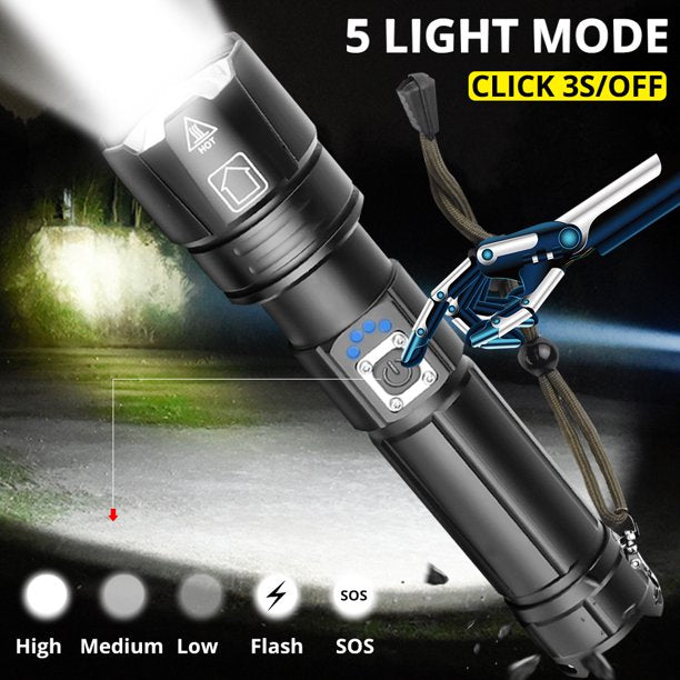 DOOLS Brightest Flashlight, 5 Lighting Modes IPX7 Waterproof Super Bright Streamlight Flashlight With USB And 26650 Battery,Zoomable Rechargeable Flashlights For Camping Hiking Cycling, Black, J05